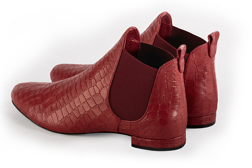 Scarlet red women's ankle boots, with elastics. Round toe. Flat block heels. Rear view - Florence KOOIJMAN